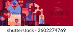 Modern banner or poster with wine bottles and glasses. Restaurant menu design. Wine background. Vector illustration