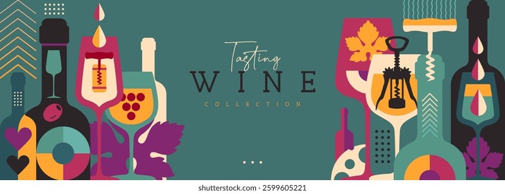 Modern banner or poster with wine bottles and glasses. Restaurant menu design. Wine background. Vector illustration