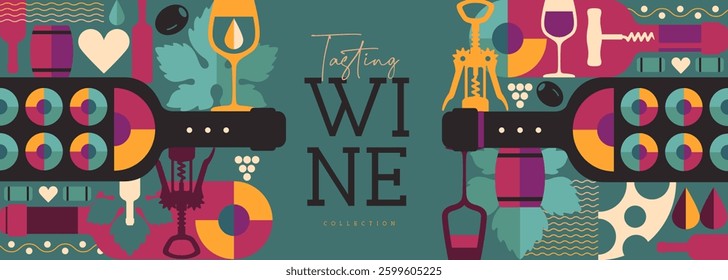 Modern banner or poster with wine bottles and glasses. Restaurant menu design. Wine background. Vector illustration