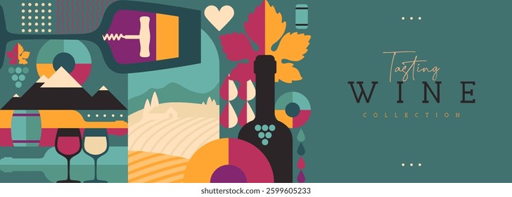 Modern banner or poster with wine bottles and glasses. Restaurant menu design. Wine background. Vector illustration