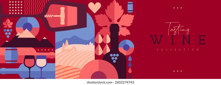 Modern banner or poster with wine bottles and glasses. Restaurant menu design. Wine background. Vector illustration