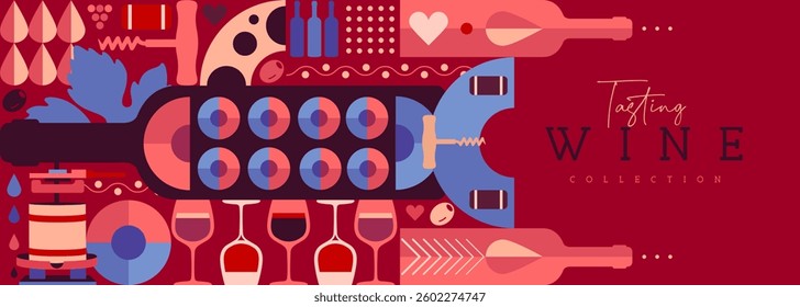 Modern banner or poster with wine bottles and glasses. Restaurant menu design. Wine background. Vector illustration
