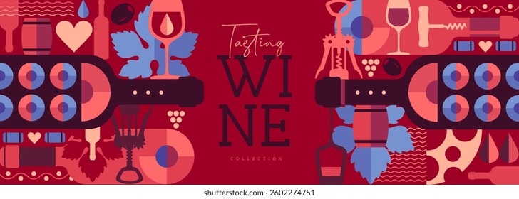 Modern banner or poster with wine bottles and glasses. Restaurant menu design. Wine background. Vector illustration
