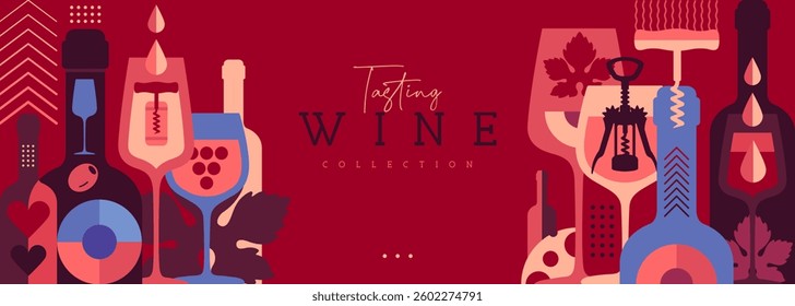 Modern banner or poster with wine bottles and glasses. Restaurant menu design. Wine background. Vector illustration