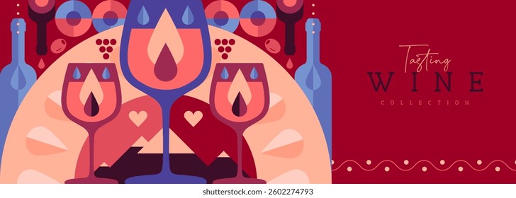 Modern banner or poster with wine bottles and glasses. Restaurant menu design. Wine background. Vector illustration