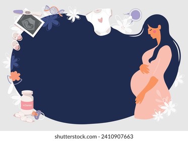 Modern banner with a pregnant woman, pregnancy background with ultrasound picture, positive pregnancy test, pacifier. Flat cartoon vector illustration.