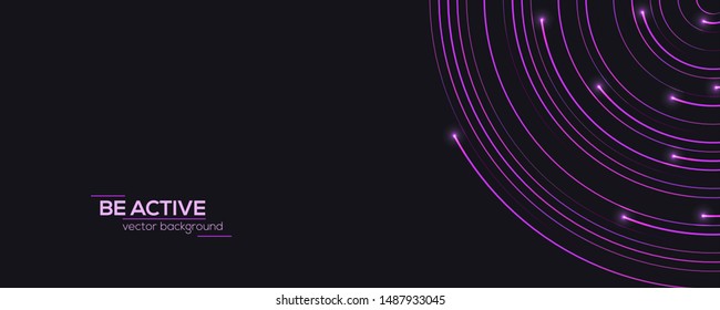 Modern banner with radial moving lines and glow on ends of lines. Dynamic flow on dark background with place for text. Abstract circular pattern moving flow. Optical art, vector design elements.