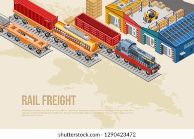 Modern banner for railway delivery system with trains on global map