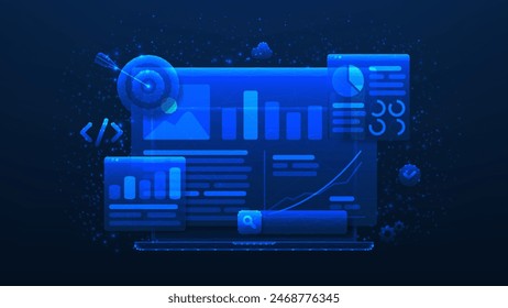 Modern banner of SEO Optimization. Web analytics and seo marketing social media. Polygonal vector illustration with analytics search information. Marketing social media concept.