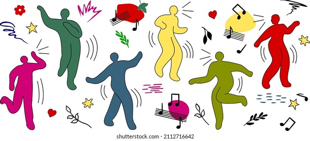 Modern banner with set of abstract dancing people. Minimal design of various bright colors of figure silhouettes. Trendy doodle abstract symbols of carnival, party, festival. All objects are isolated