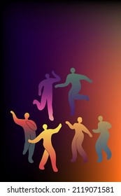 Modern banner with a set of abstract dancing people. Gradient of various bright colors of figure silhouettes. Fashion doodles on dark background for carnival, party, festival. All objects are isolated