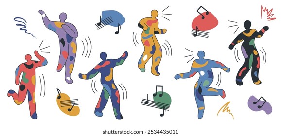 Modern banner with set of abstract dancing people. Minimal design of various bright colors of figure silhouettes. Trendy doodle abstract symbols of carnival, party, festival. All objects are isolated