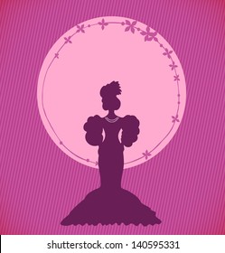 Modern banner with stylish woman and round floral frame. Retro template design in vintage style for cards, labels,gifts
