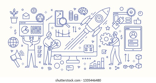 Modern banner template with computer, diagrams, charts, flying spacecraft and group of people working under innovative startup business project launch. Monochrome vector illustration in linear style.