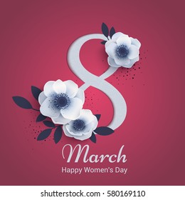 Diseño moderno de plantillas de banner el 8 de marzo. Ilustración de saludos anémonas en un fondo rojo.