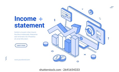 Modern banner template Income statement showcasing isometric line icons, graphs, and modern design features. Emphasizes financial data analysis, highlighting trends and metrics effectively.