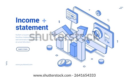 Modern banner template Income statement showcasing isometric line icons, graphs, and modern design features. Emphasizes financial data analysis, highlighting trends and metrics effectively.