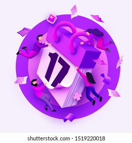 Modern banner template with tiny people and giant calendar. Planning schedule concept banner with characters. Time management, planning events and organization. Vector illustration
