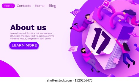 Modern banner template with tiny people and giant calendar. Planning schedule concept banner with characters. Time management, planning events and organization. Website template. Vector illustration