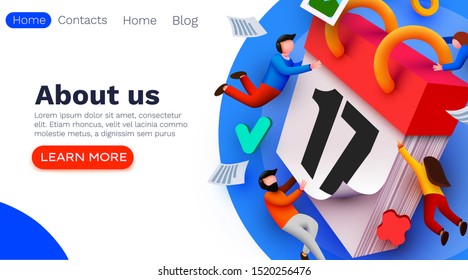 Modern banner template with tiny people and giant calendar. Planning schedule concept banner with characters. Time management, planning events and organization. Website template. Vector illustration