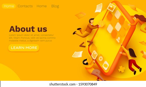 Modern banner template with tiny people and giant smartphone. mobile app design. User interface development concept. Small people building applications. Website template. Vector illustration