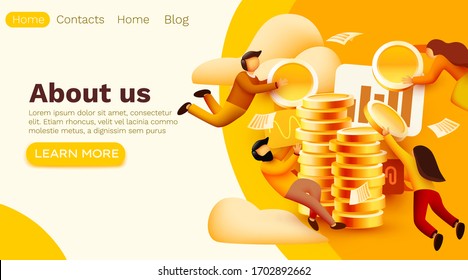 Modern banner template with tiny people and economy management. User Interface Development Concept. Little people build a professional organization. Site template. Vector illustration