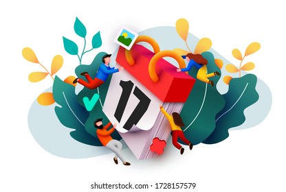 Moderna plantilla de banner con gente pequeña y calendario gigante. Pancarta de concepto de planificación con caracteres. Administración del tiempo, planificación de eventos y organización. Ilustración del vector