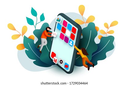 Modern banner template with tiny people and giant smartphone. mobile app design. User interface development concept. Small people building applications. Vector illustration
