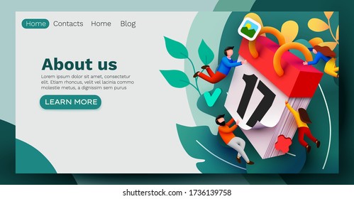 Moderna plantilla de banner con gente pequeña y calendario gigante. Pancarta de concepto de planificación con caracteres. Administración del tiempo, planificación de eventos y organización. Ilustración del vector