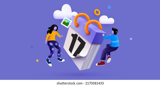 Moderna plantilla de banner con gente pequeña y calendario gigante. Pancarta de concepto de planificación con caracteres. Administración del tiempo, planificación de eventos y organización. Ilustración del vector