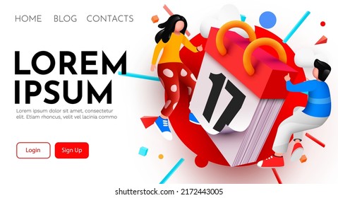 Modern banner template with tiny people and giant calendar. Planning schedule concept banner with characters. Time management, planning events and organization. Vector illustration