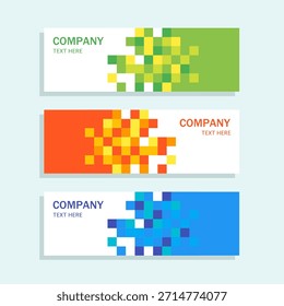 Modernas Plantillas de Anuncio con patrones de mosaico de píxeles y bloques de colores vibrantes, con espacio en blanco limpio y áreas de tipografía para la marca de la empresa, ideales para encabezados de Web y promociones.