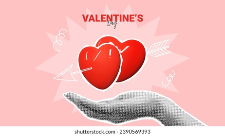 Modern banner for Valentine's day. Halftone hand holds couple red hearts with hand drawn arrow. Collage with cut out symbols of Valentine's day. Vector illustration with doodles.
