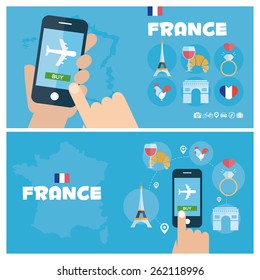 Modern banner vector illustration icons set of france traveling, planning a summer vacation. Flat design style. Vector