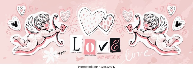 Modern banner for wedding, date night, valentines day romantic banner. Two cupids, the word love and two hearts on a pink background. Vector illustration for a dating site. svg