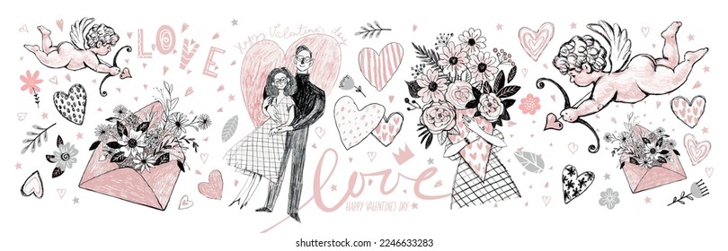 Modern banner for wedding, dating site, romantic banner for valentine's day. Couple in love, girl with flowers, cupid, love letter. Vector illustration for a dating site.