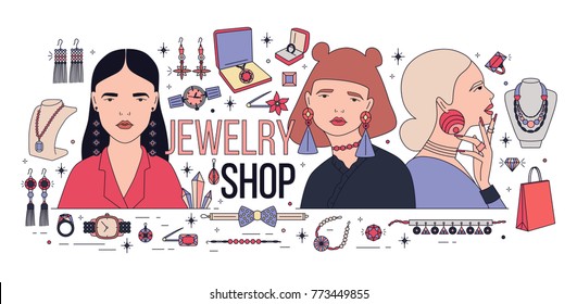 Modern banner with young beautiful girls wearing stylish massive earrings. Set of fashionable jewelry items isolated on white background. Colorful vector illustration for shop or store promotion.