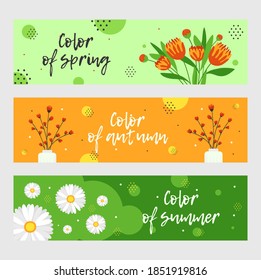 Modern banners design for florist store. Colorful graphic ads with flowers and branches. Ikebana and florist family shop concept. Template for promotional leaflet or brochure