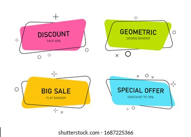 Modern Banners With Geometric Shapes. Label Title In Flat Style. Sale Poster Template. Box For Text, Promo, Offer, Price, Discount. Vintage Tag, Sticker For Web, Store. Trendy Abstract Logo. Vector.