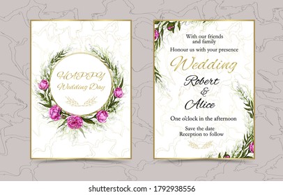 modern banners with Golden lines,  realistic colors (peonies). hand-drawn floral realism in the style of doodles. luxury design for postcards, wedding invitations, holidays.