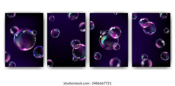 Anuncios modernos con burbujas transparentes realistas. Burbujas transparentes iridiscentes brillantes y borrosas.Vector
