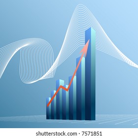 Modern bar chart with digital wave in the background.