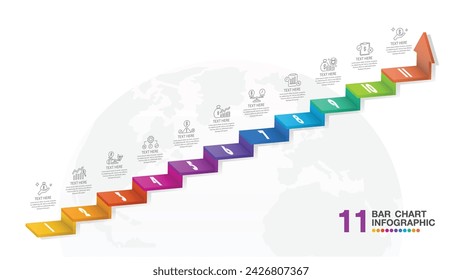 Modern bar chart stair 3d style and icons for your Business reports and financial data presentation. Infographics elements diagram with 11 steps, options, Vector illustration.