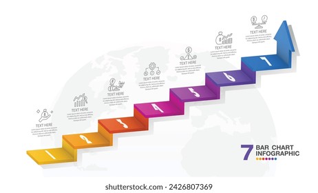 Modern bar chart stair 3d style and icons for your Business reports and financial data presentation. Infographics elements diagram with 7 steps, options, Vector illustration.