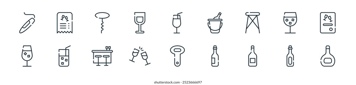 modern bar icon pack. perfect for linear ui designs featuring vector whiskey, champagne, beer, wine, bottle opener, cheers, bar and more icons for mobile and web apps.