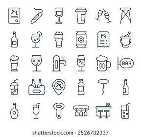 modern bar icon pack. perfect for linear ui designs featuring vector drink, bar, wine glass, bottle opener, beverage and more icons.