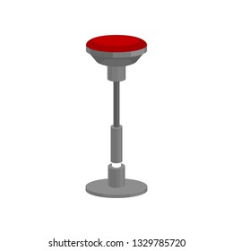Modern bar stool with bright red round seat and metal leg. Furniture for cafe or restaurant. Flat vector icon