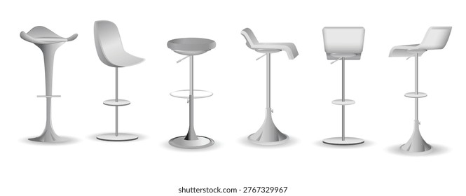 Modern Bar Stool Chair Collection for Cafe and Counter Seating.  Collection of modern bar stool chairs in various shapes and designs, isolated on white background. Contemporary high seating furniture commonly used in cafes, bars, restaurants, kitchen counters, and dining areas. Ideal for concepts related to bar seating, hospitality interiors, modern furniture design, and commercial spaces.