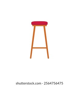 Modern bar stool, red chair with wooden legs icon. Vector flat illustration isolated. Cartoon lounge couch furniture, comfortable seat Cafe interior design element