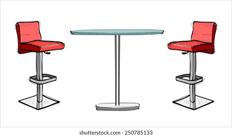 Modern bar table with two chairs on white background- hands sketch vector illustration